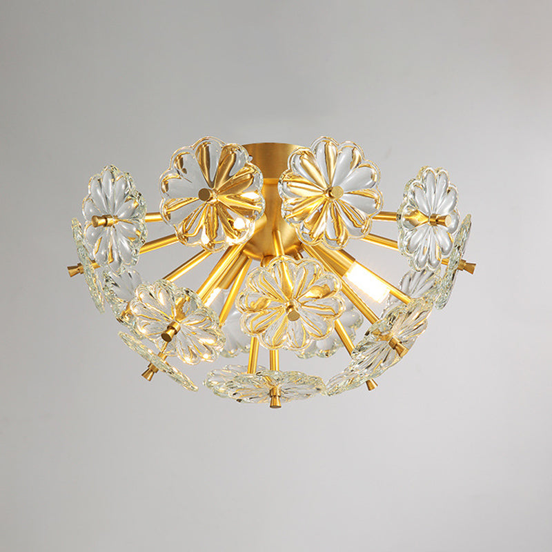 Gold 3/5 Lights Semi Flush Mount Modern Crystal Bouquet Flushmount Ceiling Lamp for Bedroom Clearhalo 'Ceiling Lights' 'Close To Ceiling Lights' 'Close to ceiling' Lighting' 2015574