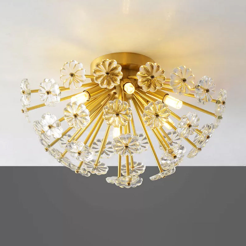 Gold 3/5 Lights Semi Flush Mount Modern Crystal Bouquet Flushmount Ceiling Lamp for Bedroom 5 Gold Clearhalo 'Ceiling Lights' 'Close To Ceiling Lights' 'Close to ceiling' Lighting' 2015576
