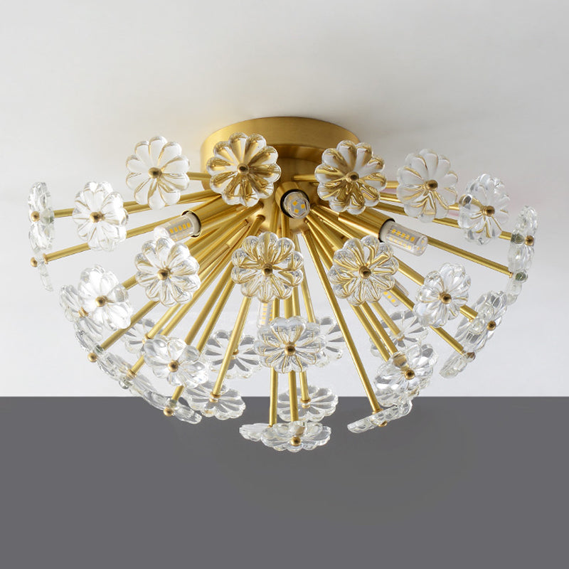 Gold 3/5 Lights Semi Flush Mount Modern Crystal Bouquet Flushmount Ceiling Lamp for Bedroom Clearhalo 'Ceiling Lights' 'Close To Ceiling Lights' 'Close to ceiling' Lighting' 2015577
