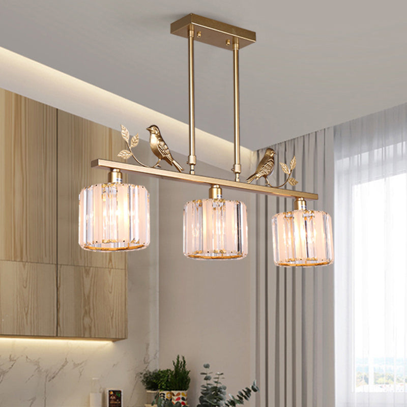 3-Bulb Cylinder Hanging Island Light Postmodern Black/Gold Crystal Prism Pendant Lamp with Bird and Leaf Decoration Clearhalo 'Ceiling Lights' 'Island Lights' Lighting' 2015637
