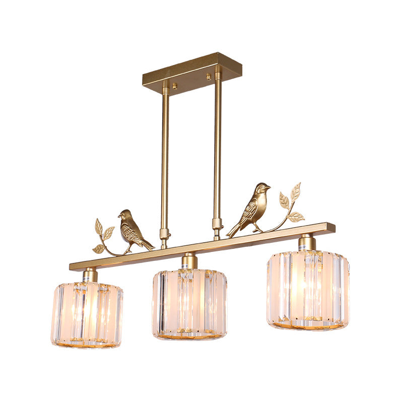 3-Bulb Cylinder Hanging Island Light Postmodern Black/Gold Crystal Prism Pendant Lamp with Bird and Leaf Decoration Clearhalo 'Ceiling Lights' 'Island Lights' Lighting' 2015638