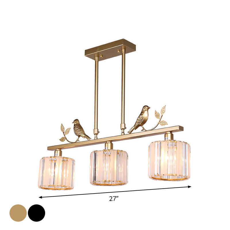 3-Bulb Cylinder Hanging Island Light Postmodern Black/Gold Crystal Prism Pendant Lamp with Bird and Leaf Decoration Clearhalo 'Ceiling Lights' 'Island Lights' Lighting' 2015640
