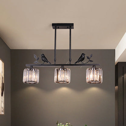 3-Bulb Cylinder Hanging Island Light Postmodern Black/Gold Crystal Prism Pendant Lamp with Bird and Leaf Decoration Black Clearhalo 'Ceiling Lights' 'Island Lights' Lighting' 2015641