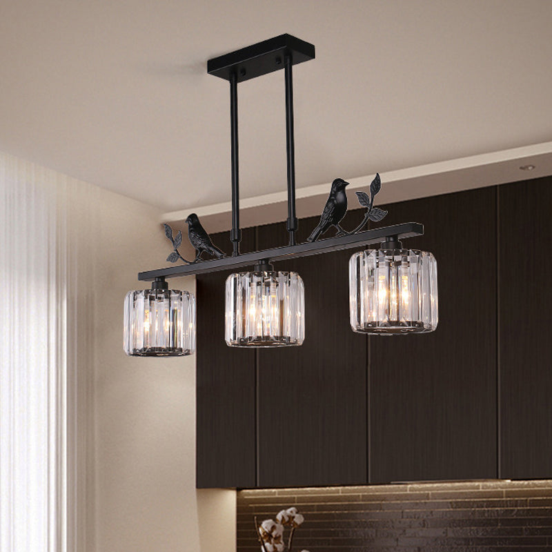 3-Bulb Cylinder Hanging Island Light Postmodern Black/Gold Crystal Prism Pendant Lamp with Bird and Leaf Decoration Clearhalo 'Ceiling Lights' 'Island Lights' Lighting' 2015642