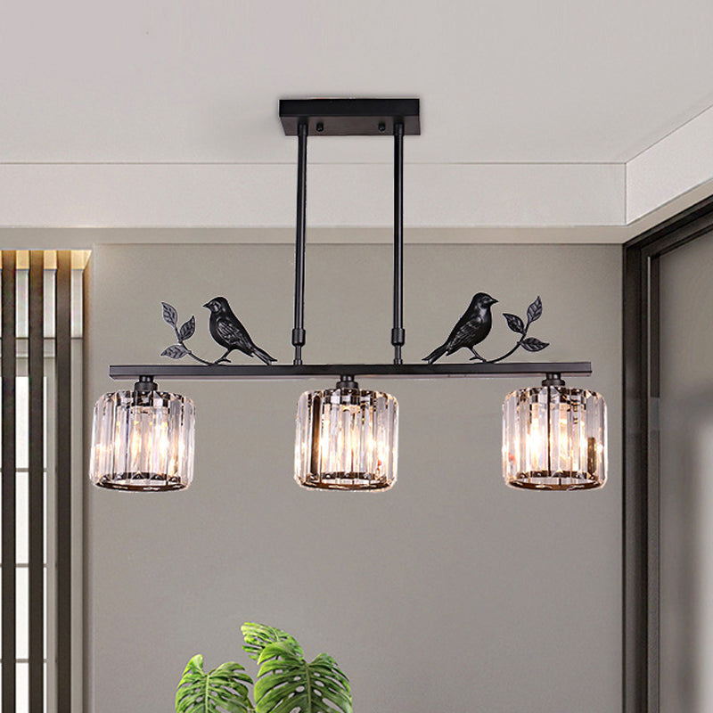 3-Bulb Cylinder Hanging Island Light Postmodern Black/Gold Crystal Prism Pendant Lamp with Bird and Leaf Decoration Clearhalo 'Ceiling Lights' 'Island Lights' Lighting' 2015643