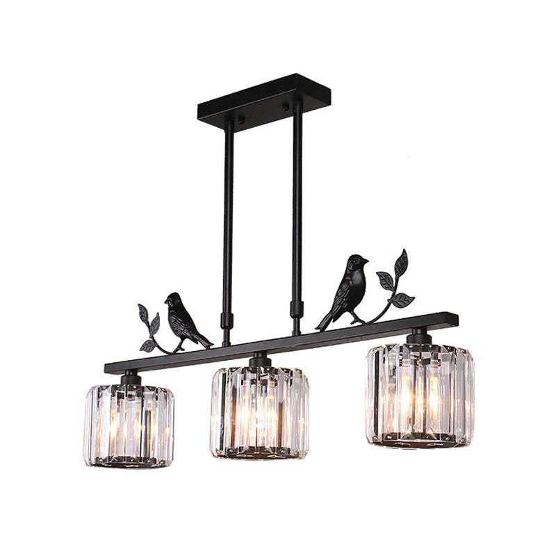 3-Bulb Cylinder Hanging Island Light Postmodern Black/Gold Crystal Prism Pendant Lamp with Bird and Leaf Decoration Clearhalo 'Ceiling Lights' 'Island Lights' Lighting' 2015644