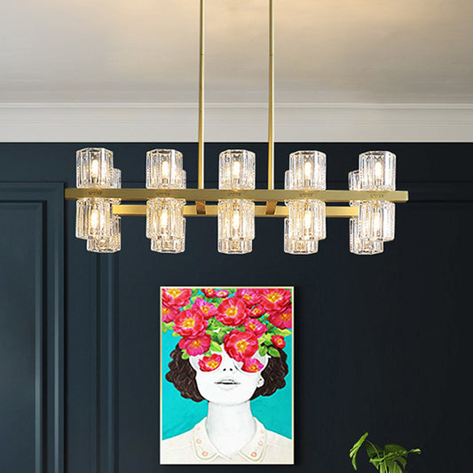 Cylindrical Crystal Island Pendant Postmodern 10/20 Lights Dining Table Hanging Light Fixture in Gold Clearhalo 'Ceiling Lights' 'Island Lights' Lighting' 2015646
