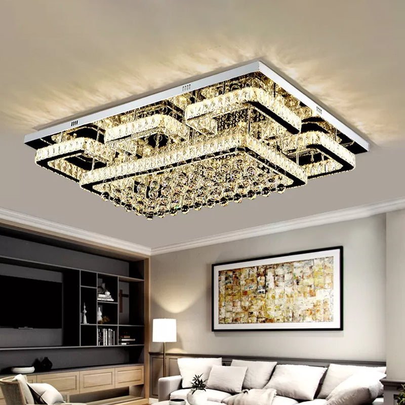 39.5"/47" W Rectangle Crystal Flush Mount Modernism Living Room LED Ceiling Light in Stainless Steel, Warm/White/Natural Light Clearhalo 'Ceiling Lights' 'Close To Ceiling Lights' 'Close to ceiling' 'Flush mount' Lighting' 2015686