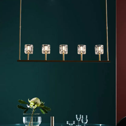 Ice Cube Dining Room Island Lamp Minimalist Crystal 5/10 Heads Gold Hanging Pendant Light 5 Gold Clearhalo 'Ceiling Lights' 'Island Lights' Lighting' 2015696