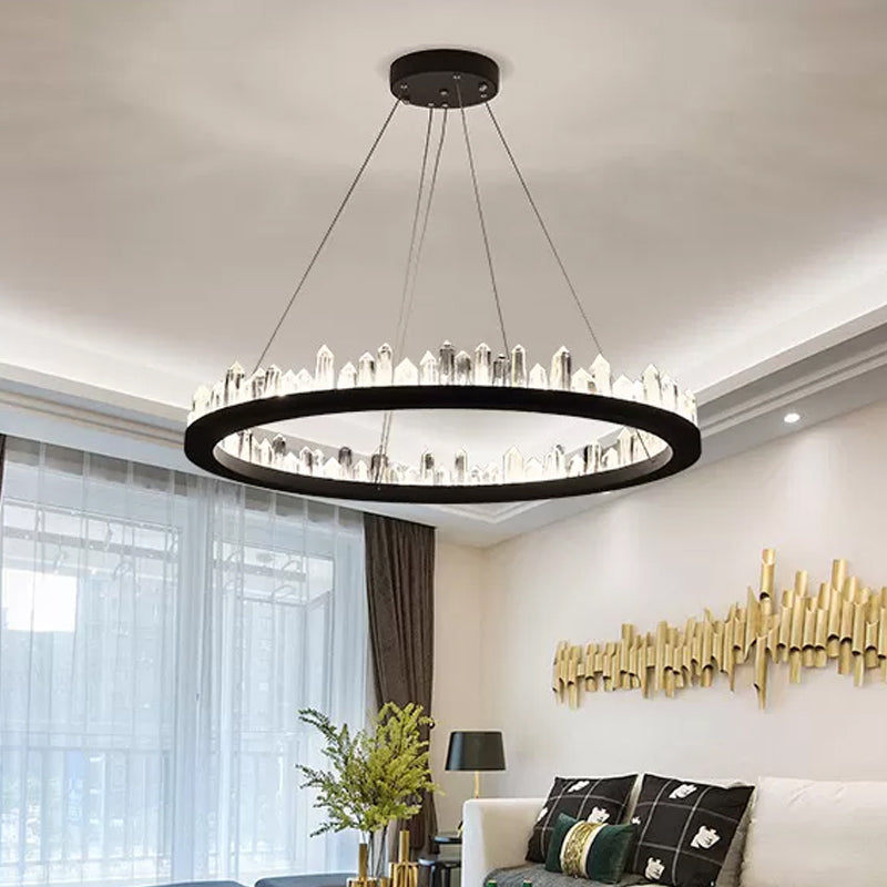 23.5"/31.5"/39.5" W Black LED Suspension Lighting Simplicity Crystal Round/Rectangle Chandelier Pendant Light Clearhalo 'Ceiling Lights' 'Chandeliers' 'Modern Chandeliers' 'Modern' Lighting' 2015721