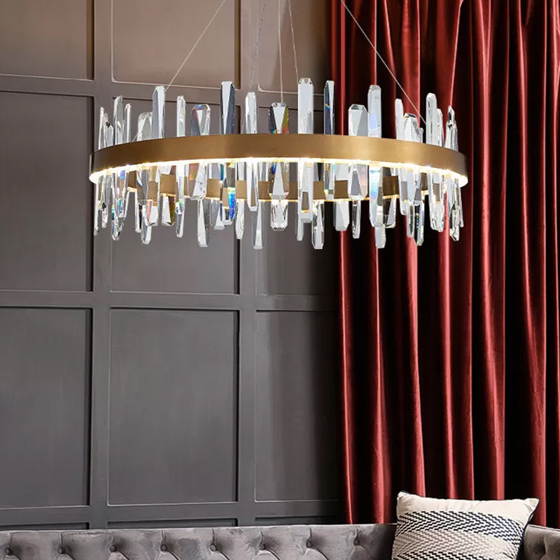 Postmodern Circle Hanging Light K9 Crystal Rod Small/Medium/Large LED Chandelier Pendant in Gold Gold Large Clearhalo 'Ceiling Lights' 'Chandeliers' 'Modern Chandeliers' 'Modern' Lighting' 2015733