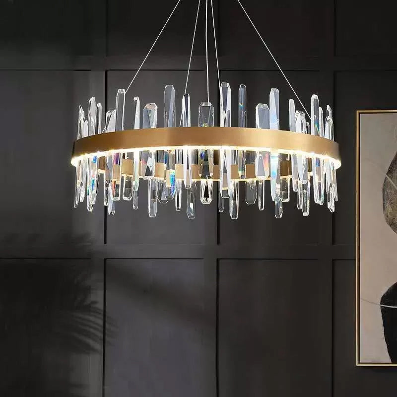 Postmodern Circle Hanging Light K9 Crystal Rod Small/Medium/Large LED Chandelier Pendant in Gold Clearhalo 'Ceiling Lights' 'Chandeliers' 'Modern Chandeliers' 'Modern' Lighting' 2015734