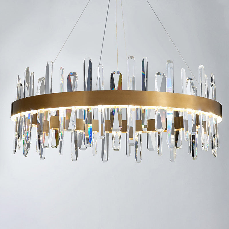 Postmodern Circle Hanging Light K9 Crystal Rod Small/Medium/Large LED Chandelier Pendant in Gold Clearhalo 'Ceiling Lights' 'Chandeliers' 'Modern Chandeliers' 'Modern' Lighting' 2015737