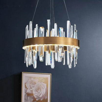 Postmodern Circle Hanging Light K9 Crystal Rod Small/Medium/Large LED Chandelier Pendant in Gold Gold Small Clearhalo 'Ceiling Lights' 'Chandeliers' 'Modern Chandeliers' 'Modern' Lighting' 2015739