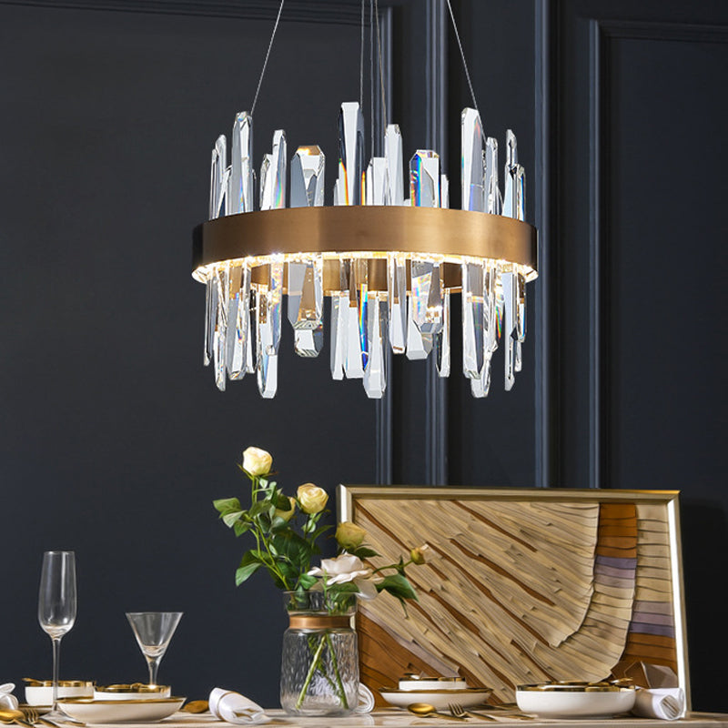 Postmodern Circle Hanging Light K9 Crystal Rod Small/Medium/Large LED Chandelier Pendant in Gold Clearhalo 'Ceiling Lights' 'Chandeliers' 'Modern Chandeliers' 'Modern' Lighting' 2015740