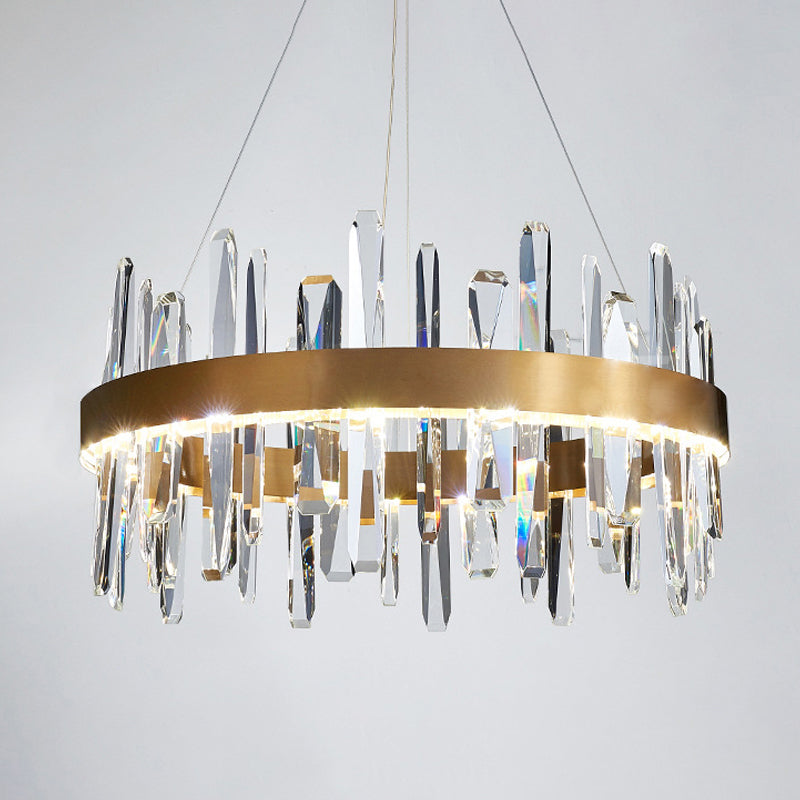 Postmodern Circle Hanging Light K9 Crystal Rod Small/Medium/Large LED Chandelier Pendant in Gold Clearhalo 'Ceiling Lights' 'Chandeliers' 'Modern Chandeliers' 'Modern' Lighting' 2015745