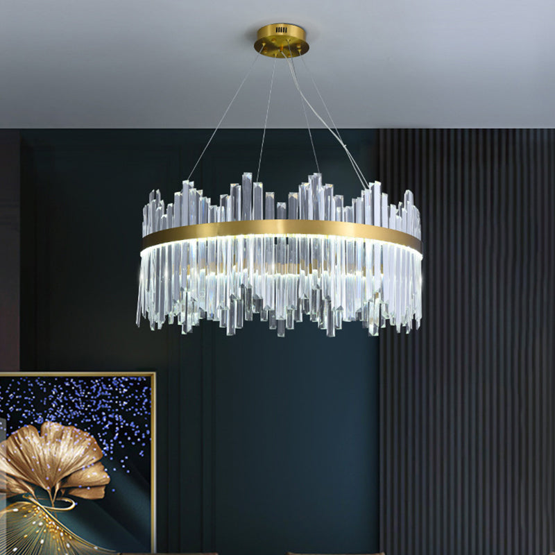 Wavy-Trim Round LED Chandelier Modern Gold 3-Sided Crystal Prism Hanging Ceiling Light, 23.5"/31.5"/39.5" Dia Gold Clearhalo 'Ceiling Lights' 'Chandeliers' 'Modern Chandeliers' 'Modern' Lighting' 2015747
