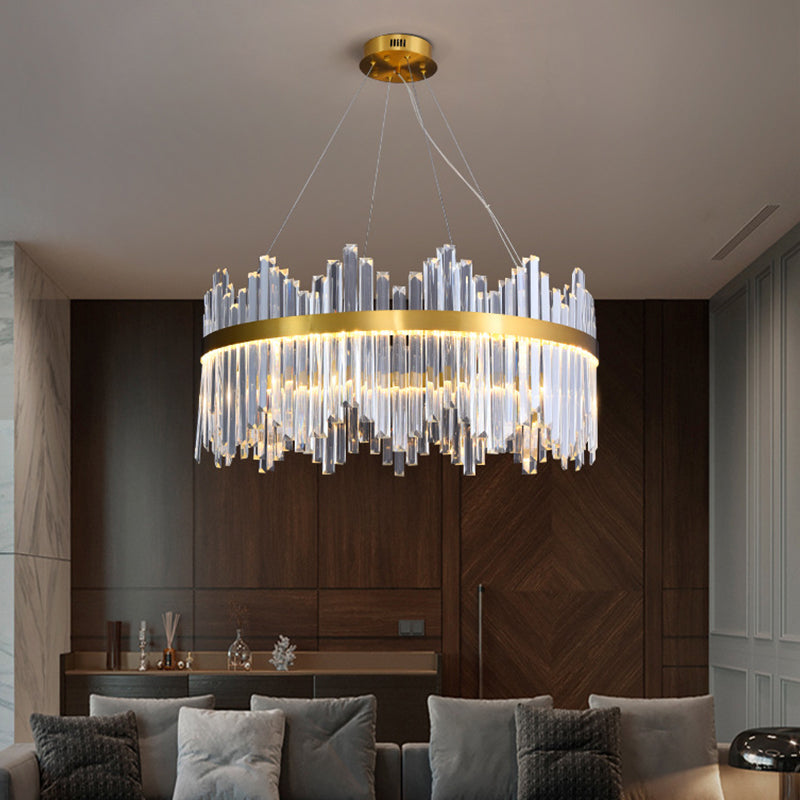 Wavy-Trim Round LED Chandelier Modern Gold 3-Sided Crystal Prism Hanging Ceiling Light, 23.5"/31.5"/39.5" Dia Clearhalo 'Ceiling Lights' 'Chandeliers' 'Modern Chandeliers' 'Modern' Lighting' 2015749