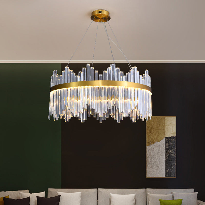 Wavy-Trim Round LED Chandelier Modern Gold 3-Sided Crystal Prism Hanging Ceiling Light, 23.5"/31.5"/39.5" Dia Clearhalo 'Ceiling Lights' 'Chandeliers' 'Modern Chandeliers' 'Modern' Lighting' 2015750