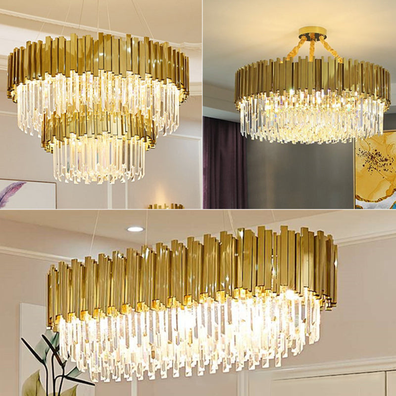 Tri-Sided Crystal Rod LED Chandelier Contemporary Gold Drum/Ellipse Dining Room Hanging Light Kit, 19.5"/23.5"/47" Width Clearhalo 'Ceiling Lights' 'Chandeliers' 'Modern Chandeliers' 'Modern' Lighting' 2015769