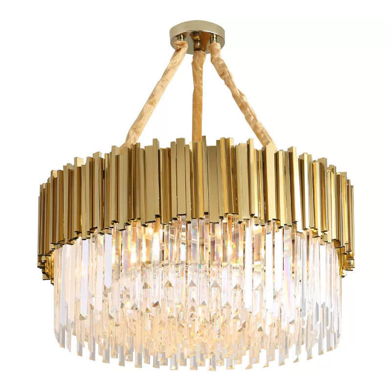Tri-Sided Crystal Rod LED Chandelier Contemporary Gold Drum/Ellipse Dining Room Hanging Light Kit, 19.5"/23.5"/47" Width Clearhalo 'Ceiling Lights' 'Chandeliers' 'Modern Chandeliers' 'Modern' Lighting' 2015770