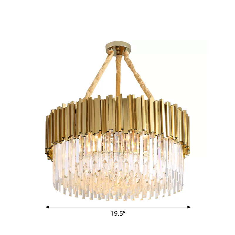 Tri-Sided Crystal Rod LED Chandelier Contemporary Gold Drum/Ellipse Dining Room Hanging Light Kit, 19.5"/23.5"/47" Width Clearhalo 'Ceiling Lights' 'Chandeliers' 'Modern Chandeliers' 'Modern' Lighting' 2015771
