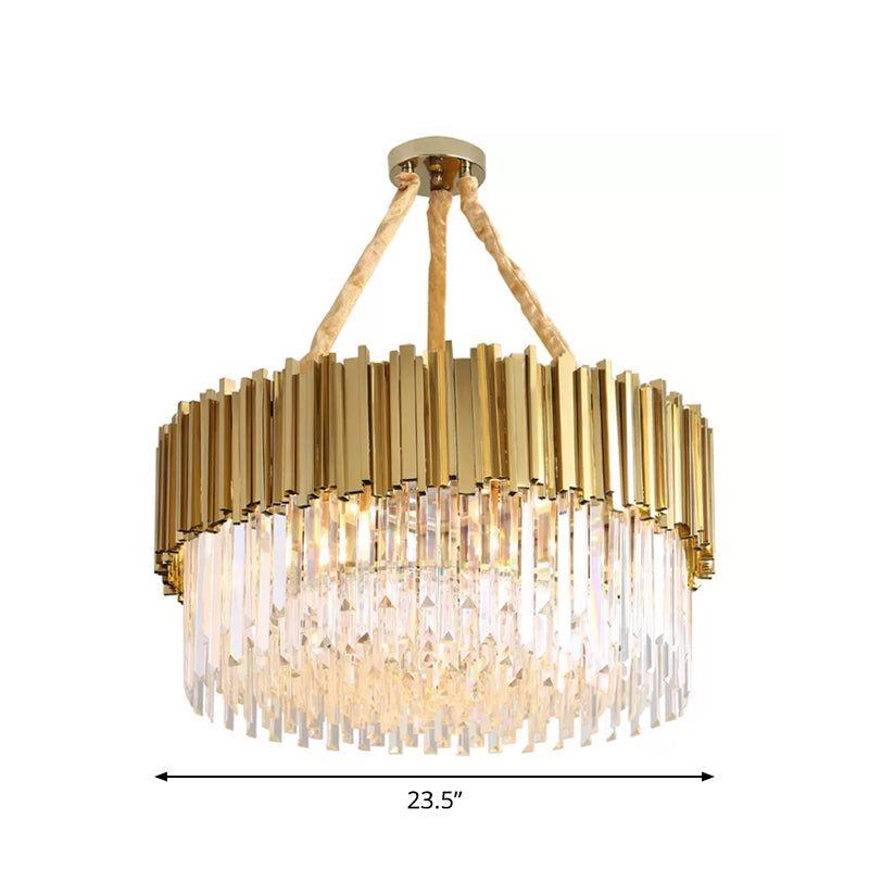 Tri-Sided Crystal Rod LED Chandelier Contemporary Gold Drum/Ellipse Dining Room Hanging Light Kit, 19.5"/23.5"/47" Width Clearhalo 'Ceiling Lights' 'Chandeliers' 'Modern Chandeliers' 'Modern' Lighting' 2015772