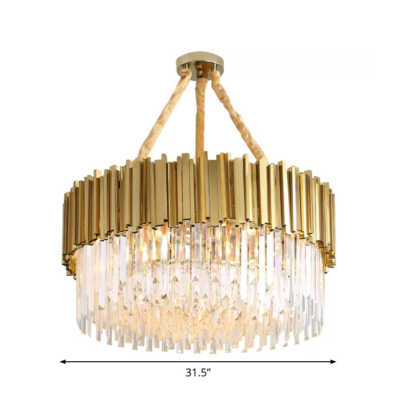 Tri-Sided Crystal Rod LED Chandelier Contemporary Gold Drum/Ellipse Dining Room Hanging Light Kit, 19.5"/23.5"/47" Width Clearhalo 'Ceiling Lights' 'Chandeliers' 'Modern Chandeliers' 'Modern' Lighting' 2015773