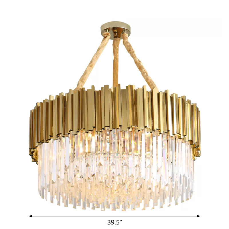 Tri-Sided Crystal Rod LED Chandelier Contemporary Gold Drum/Ellipse Dining Room Hanging Light Kit, 19.5"/23.5"/47" Width Clearhalo 'Ceiling Lights' 'Chandeliers' 'Modern Chandeliers' 'Modern' Lighting' 2015774