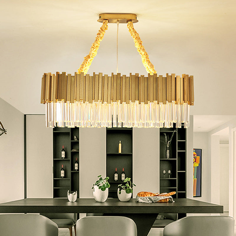 Tri-Sided Crystal Rod LED Chandelier Contemporary Gold Drum/Ellipse Dining Room Hanging Light Kit, 19.5"/23.5"/47" Width Gold Clearhalo 'Ceiling Lights' 'Chandeliers' 'Modern Chandeliers' 'Modern' Lighting' 2015775