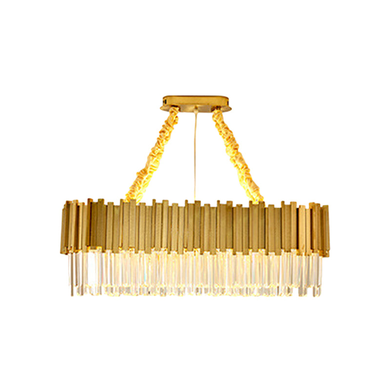 Tri-Sided Crystal Rod LED Chandelier Contemporary Gold Drum/Ellipse Dining Room Hanging Light Kit, 19.5"/23.5"/47" Width Clearhalo 'Ceiling Lights' 'Chandeliers' 'Modern Chandeliers' 'Modern' Lighting' 2015776