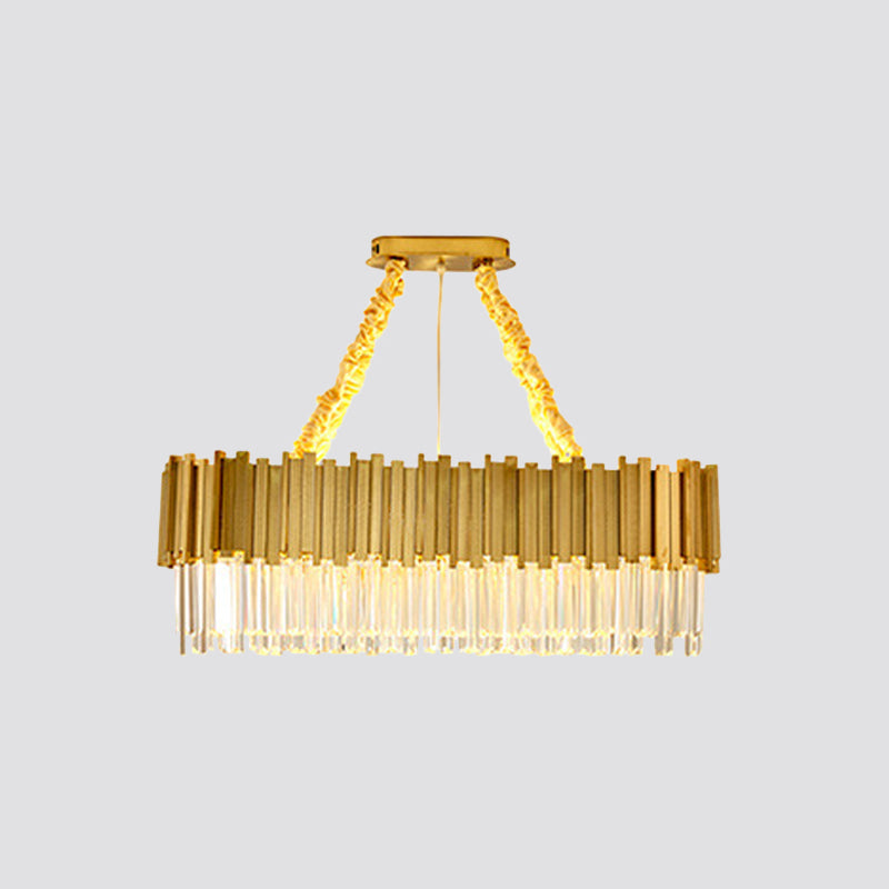 Tri-Sided Crystal Rod LED Chandelier Contemporary Gold Drum/Ellipse Dining Room Hanging Light Kit, 19.5"/23.5"/47" Width Clearhalo 'Ceiling Lights' 'Chandeliers' 'Modern Chandeliers' 'Modern' Lighting' 2015777