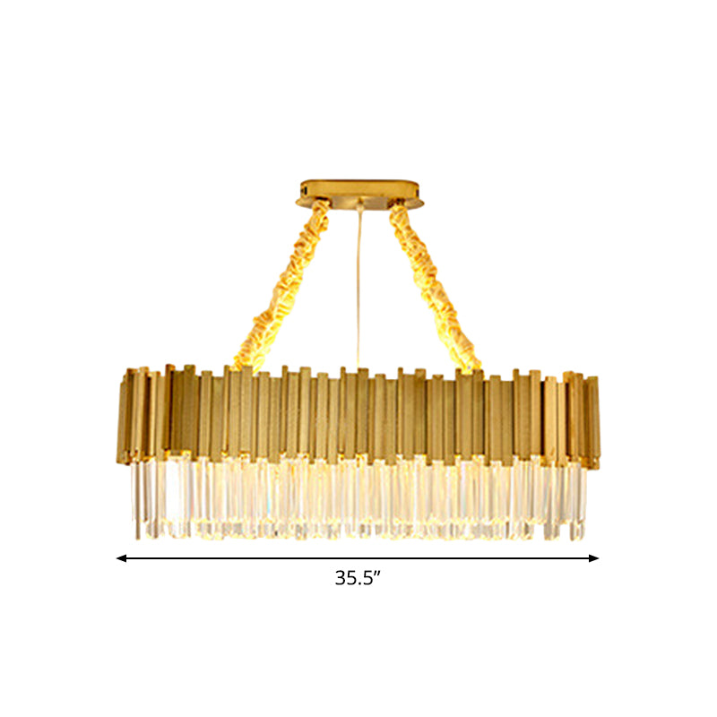 Tri-Sided Crystal Rod LED Chandelier Contemporary Gold Drum/Ellipse Dining Room Hanging Light Kit, 19.5"/23.5"/47" Width Clearhalo 'Ceiling Lights' 'Chandeliers' 'Modern Chandeliers' 'Modern' Lighting' 2015778
