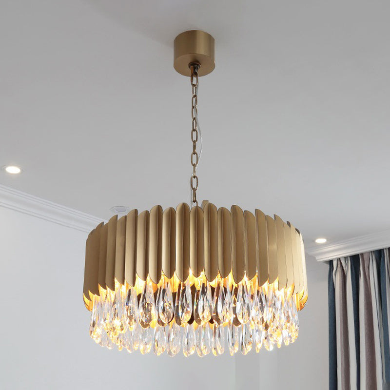 23.5"/31.5" W Metal Drum Suspension Lamp Minimalist Living Room LED Pendant Chandelier in Black/Gold with Crystal Drip Gold Clearhalo 'Ceiling Lights' 'Chandeliers' 'Modern Chandeliers' 'Modern' Lighting' 2015780