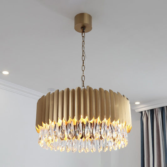 23.5"/31.5" W Metal Drum Suspension Lamp Minimalist Living Room LED Pendant Chandelier in Black/Gold with Crystal Drip Gold Clearhalo 'Ceiling Lights' 'Chandeliers' 'Modern Chandeliers' 'Modern' Lighting' 2015780