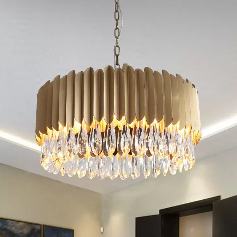 23.5"/31.5" W Metal Drum Suspension Lamp Minimalist Living Room LED Pendant Chandelier in Black/Gold with Crystal Drip Clearhalo 'Ceiling Lights' 'Chandeliers' 'Modern Chandeliers' 'Modern' Lighting' 2015781