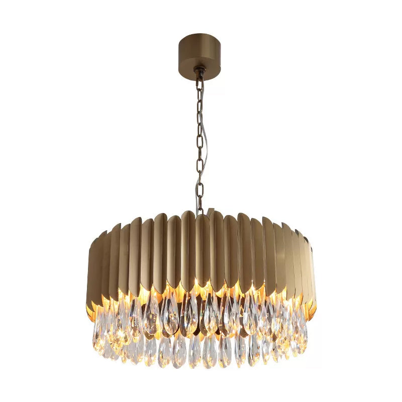 23.5"/31.5" W Metal Drum Suspension Lamp Minimalist Living Room LED Pendant Chandelier in Black/Gold with Crystal Drip Clearhalo 'Ceiling Lights' 'Chandeliers' 'Modern Chandeliers' 'Modern' Lighting' 2015783