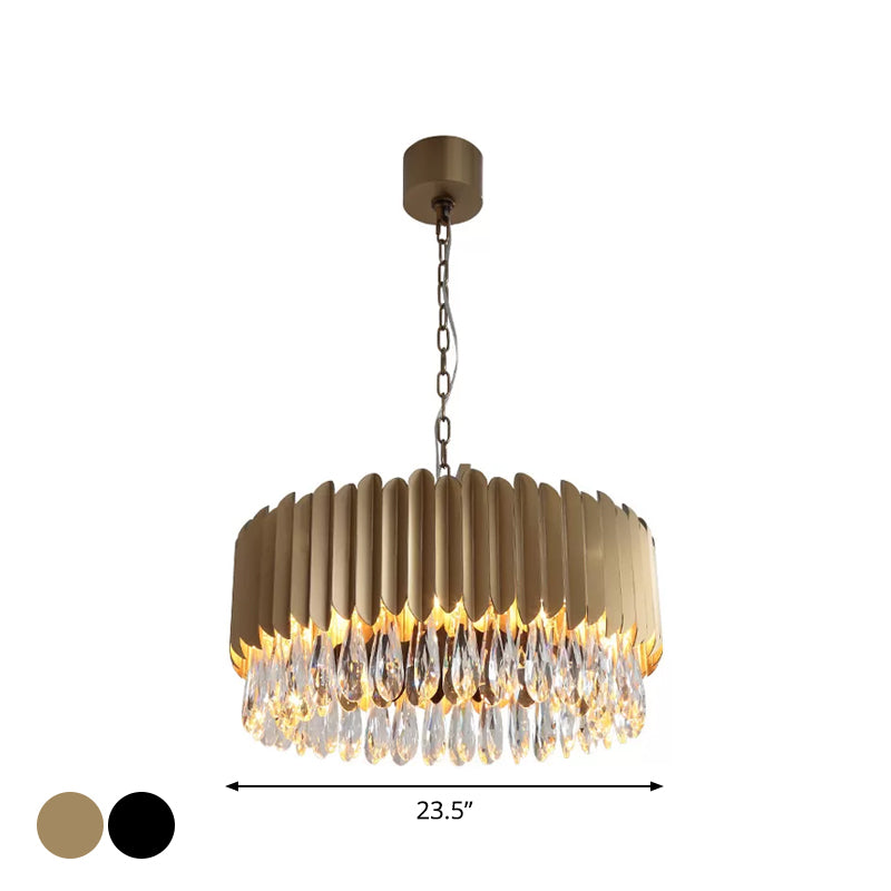 23.5"/31.5" W Metal Drum Suspension Lamp Minimalist Living Room LED Pendant Chandelier in Black/Gold with Crystal Drip Clearhalo 'Ceiling Lights' 'Chandeliers' 'Modern Chandeliers' 'Modern' Lighting' 2015784