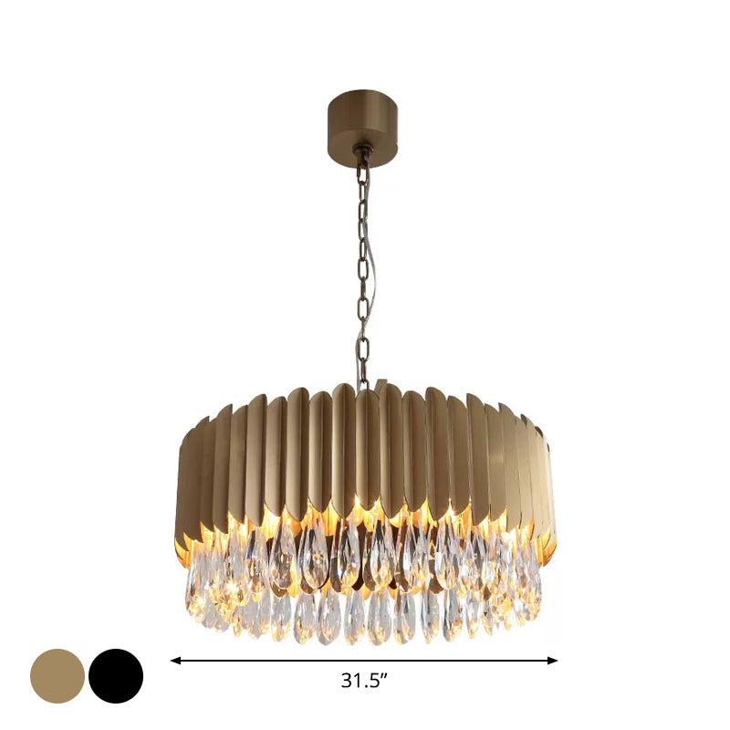 23.5"/31.5" W Metal Drum Suspension Lamp Minimalist Living Room LED Pendant Chandelier in Black/Gold with Crystal Drip Clearhalo 'Ceiling Lights' 'Chandeliers' 'Modern Chandeliers' 'Modern' Lighting' 2015785