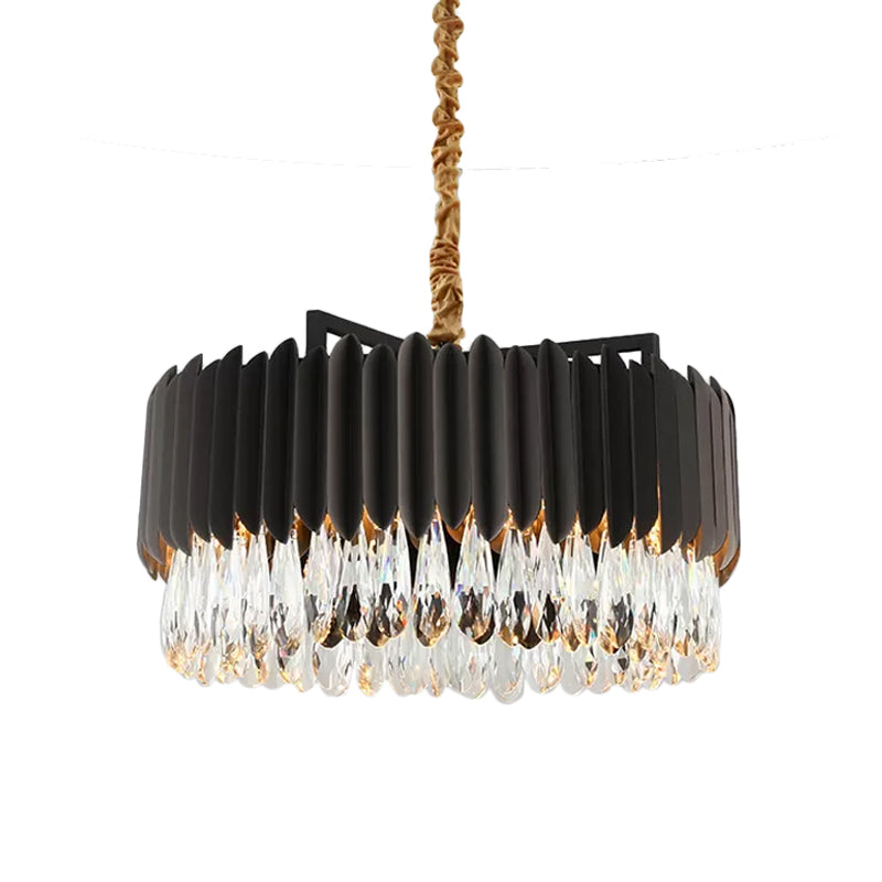 23.5"/31.5" W Metal Drum Suspension Lamp Minimalist Living Room LED Pendant Chandelier in Black/Gold with Crystal Drip Black Clearhalo 'Ceiling Lights' 'Chandeliers' 'Modern Chandeliers' 'Modern' Lighting' 2015786