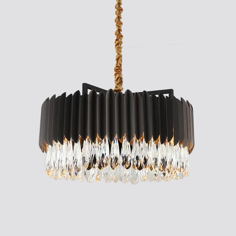 23.5"/31.5" W Metal Drum Suspension Lamp Minimalist Living Room LED Pendant Chandelier in Black/Gold with Crystal Drip Clearhalo 'Ceiling Lights' 'Chandeliers' 'Modern Chandeliers' 'Modern' Lighting' 2015787