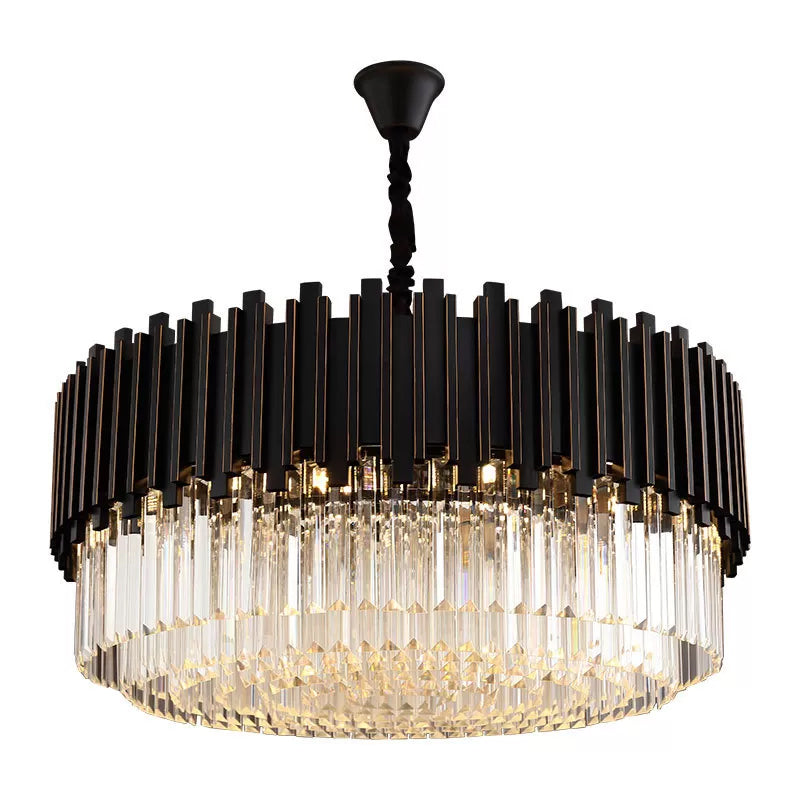 Black Drum Shaped Chandelier Modern Style Crystal 8/10/12-Bulb Bedroom Pendant Lamp, Small/Medium/Large Black Clearhalo 'Ceiling Lights' 'Chandeliers' 'Modern Chandeliers' 'Modern' Lighting' 2015788