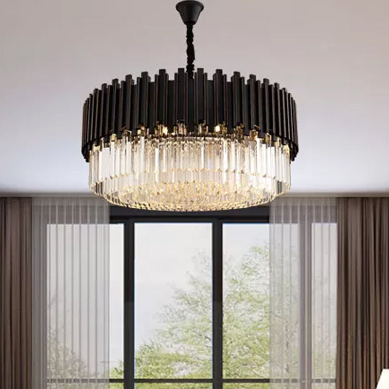 Black Drum Shaped Chandelier Modern Style Crystal 8/10/12-Bulb Bedroom Pendant Lamp, Small/Medium/Large Clearhalo 'Ceiling Lights' 'Chandeliers' 'Modern Chandeliers' 'Modern' Lighting' 2015789