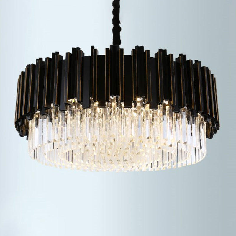 Black Drum Shaped Chandelier Modern Style Crystal 8/10/12-Bulb Bedroom Pendant Lamp, Small/Medium/Large Clearhalo 'Ceiling Lights' 'Chandeliers' 'Modern Chandeliers' 'Modern' Lighting' 2015790