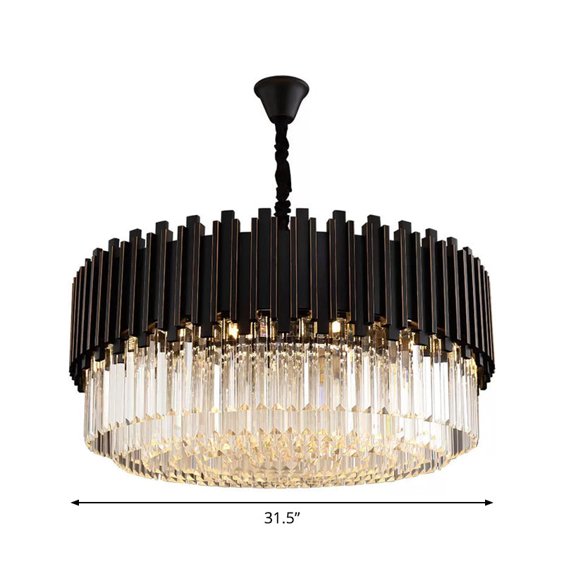 Black Drum Shaped Chandelier Modern Style Crystal 8/10/12-Bulb Bedroom Pendant Lamp, Small/Medium/Large Clearhalo 'Ceiling Lights' 'Chandeliers' 'Modern Chandeliers' 'Modern' Lighting' 2015791