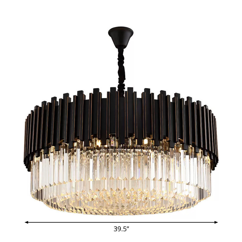 Black Drum Shaped Chandelier Modern Style Crystal 8/10/12-Bulb Bedroom Pendant Lamp, Small/Medium/Large Clearhalo 'Ceiling Lights' 'Chandeliers' 'Modern Chandeliers' 'Modern' Lighting' 2015792
