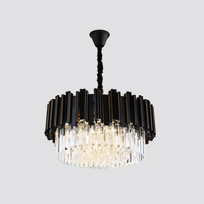 Black Drum Shaped Chandelier Modern Style Crystal 8/10/12-Bulb Bedroom Pendant Lamp, Small/Medium/Large Clearhalo 'Ceiling Lights' 'Chandeliers' 'Modern Chandeliers' 'Modern' Lighting' 2015794