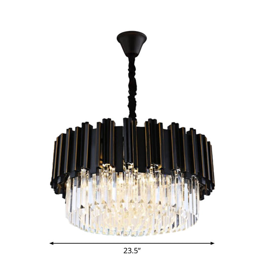 Black Drum Shaped Chandelier Modern Style Crystal 8/10/12-Bulb Bedroom Pendant Lamp, Small/Medium/Large Clearhalo 'Ceiling Lights' 'Chandeliers' 'Modern Chandeliers' 'Modern' Lighting' 2015795