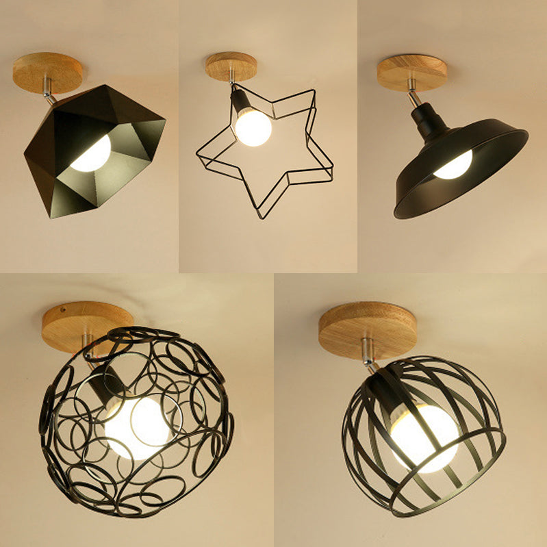 1 Head Semi Flush Mount Lighting Industrial Globe/Barn Shade Metallic Rotatable Ceiling Light with Wooden Canopy in Black Clearhalo 'Ceiling Lights' 'Close To Ceiling Lights' 'Close to ceiling' 'Semi-flushmount' Lighting' 20158