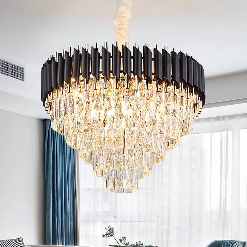 K9 Crystal Prism Cone Chandelier Pendant Modern 10/13/33 Lights Living Room Down Lighting Pendant in Black Clearhalo 'Ceiling Lights' 'Chandeliers' 'Modern Chandeliers' 'Modern' Lighting' 2015844